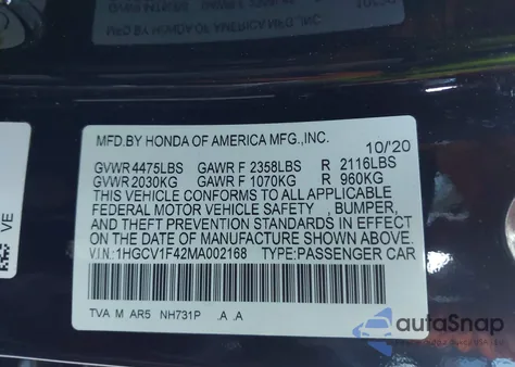 2021 Honda Accord Sport Special Edition from USA, damaged, VIN 1HGCV1F42MA002168